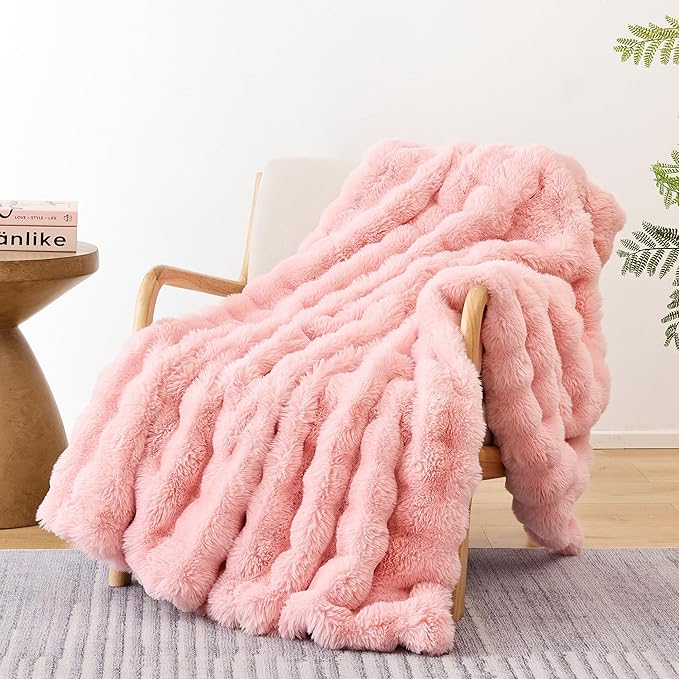 Màu hồng phấn Faux Fur Ném chăn Lông cừu thỏ ấm cúng